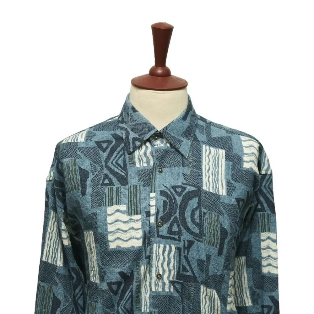 Mens Shirt Button Up Blue White Abstract Navajo Aztec Ethnic Tribal Casual XL - Picture 3 of 6